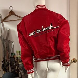 Red Vintage Bomber Jacket with Embroidered Text